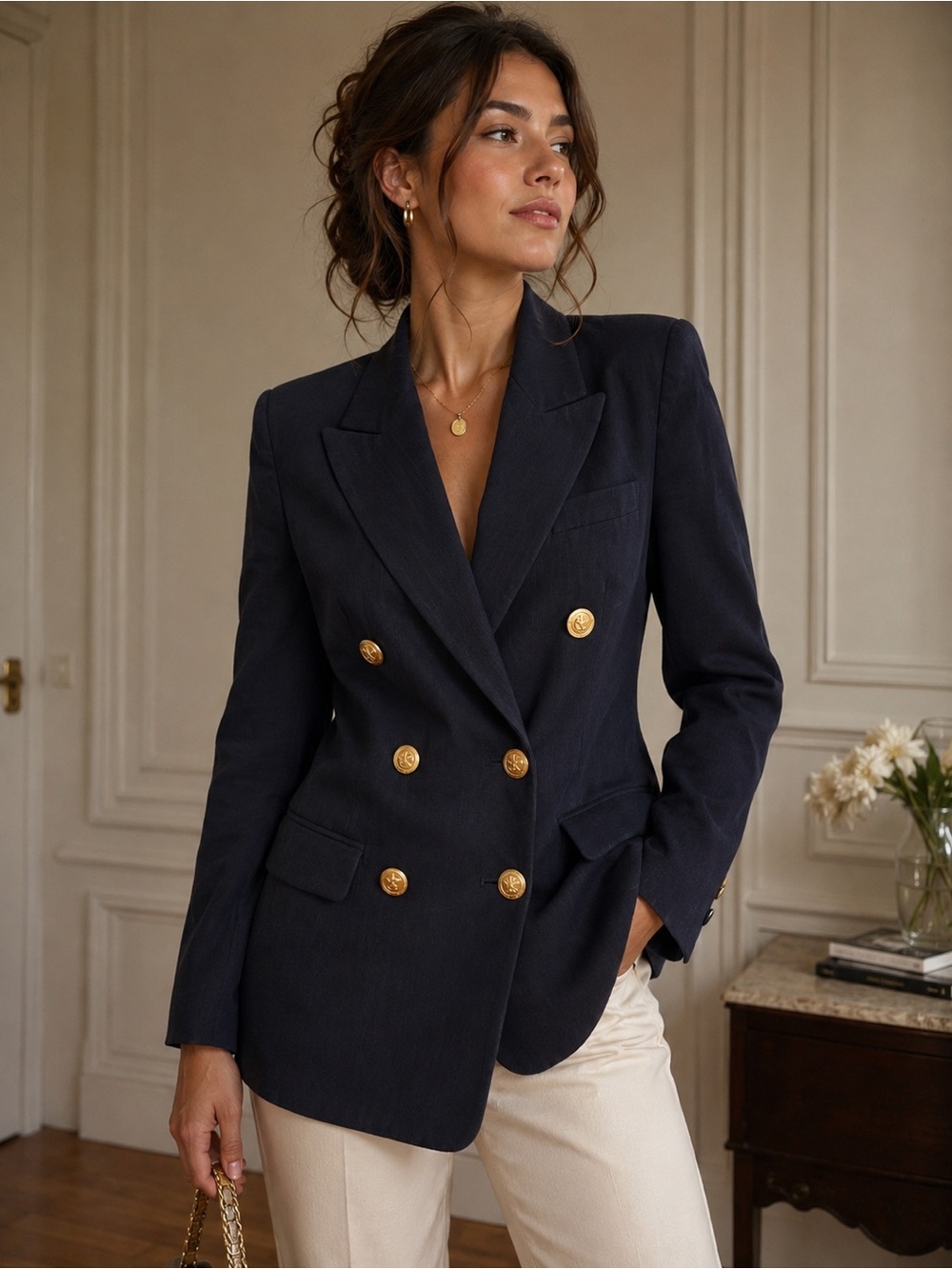Liz Claiborne Navy Double-Breastedu Blazer with Gold Buttons vintage 1980